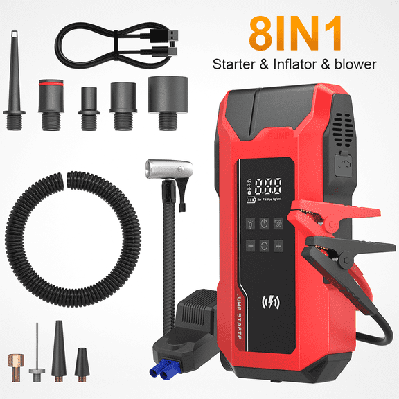 Jump Starter with Air Compressor, 20000mAh Battery Bank with USB Ports, Emergency Lighting. with air Pump for Inflatable Air Mattress, Boats, Swimming Ring,Tires, Ball
