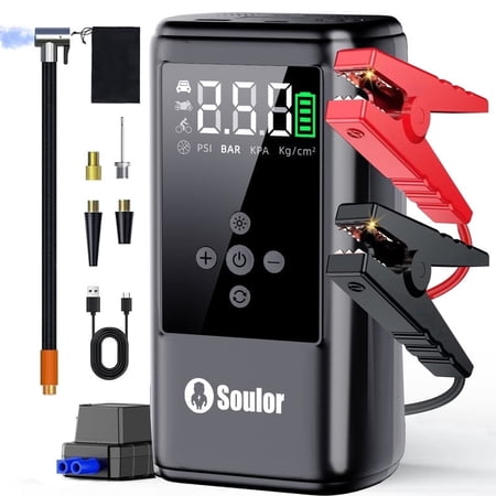 Jump Starter with Air Compressor, 6000A 12V Jump Box for 10L Gas or Up to 10L Diesel Car Battery, 160PSl Digital Tire Inflator with Emergency Light, Jumper Cables