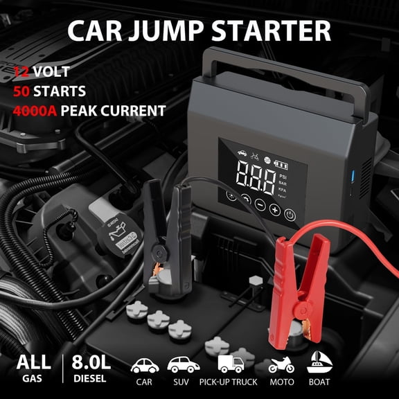 Jump Starter with Air Compressor, 4000A Car Battery Jump Starter(ALL Gas/8.0L Diesel) with 150PSI Tire Inflator 12V Car Battery Jump Power, 15000mAh PowerBank With LED Light