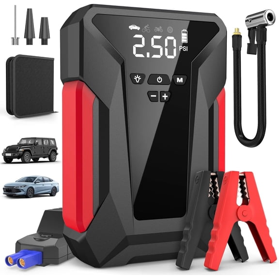 Jump Starter with Air Compressor,4000A Portable Car Battery Jump Starter (10L Gas/8.5L Diesel), 12V Battery Charger Booster,150PSI Auto-Shutoff Tire Inflator,Portable Jumper Cables, LED Light (Black)