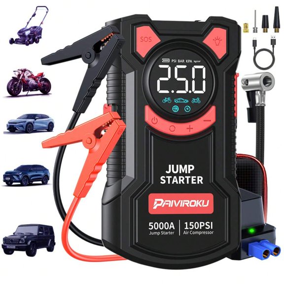 Jump Starter With Air Compressor, 5 In 1 Function Jump Box 5000A Peak 150PSI Jump Starter Battery Pack With Digital Tire Inflator, Car Battery Charger Portable (Suitable For Engines With A Displaceme