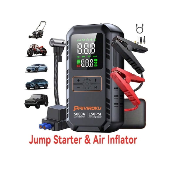 Jump Starter with Air Compressor 5000A Peak Battery Pack, 150PSI Portable Tire Inflator, 12V Car Battery Charger Box for 7L Gas Diesel Engines, LED Work Light(12000mAh)