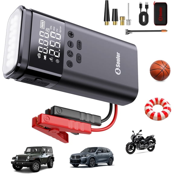 Jump Starter with Air Compressor, 6000A Battery Jumper Starter Portable, 12V Jump Box Car Jump Starter Portable with 150PSI Tire Inflator, LED Light, Gloves and Jumper Cables (14L Diesel All Cars)