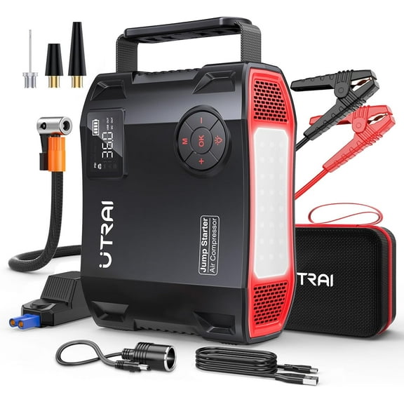 Jump Starter with Air Compressor, 7000A 27000mAh Car Starter Jump Box with 150PSI Tire Inflator, Portable Jump Pack (All Gas/10L Diesel), DC160W, QC3.0 Jumper Cables, 1600LM Light