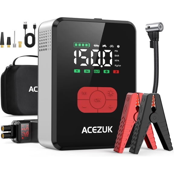 Jump Starter with Air Compressor, 8000A 150PSI Portable Car Jump Starter, 12V Jump Start Pack (All Gas/12L),Portable Car Jump Starter with Smart Jump Cables, LED Lights