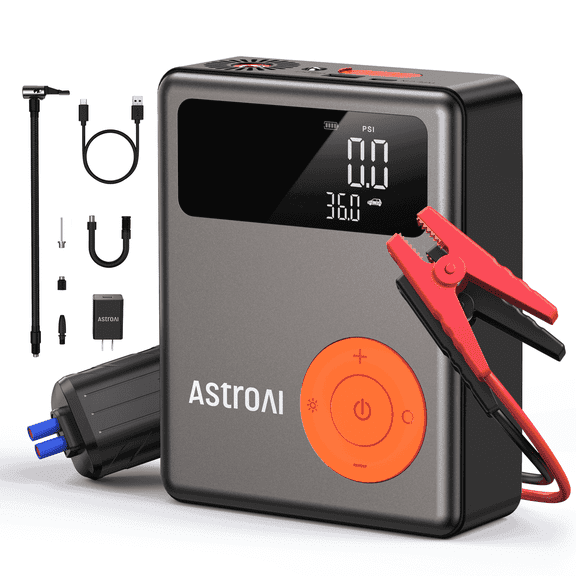 AstroAI Jump Starter with Air Compressor, 150PSI 1750A Peak 12V Battery Jump Box with Cordless Tire Inflator (7.5 Gas/5.0L Diesel), 12V Jump Box, Large LCD Display