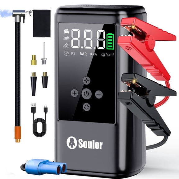 Jump Starter with Air Compressor, 1000A 12V Jump Box for 5.0L Gas or Up to 3.5L Diesel Car Battery, 150PSl Digital Tire Inflator with Emergency Light