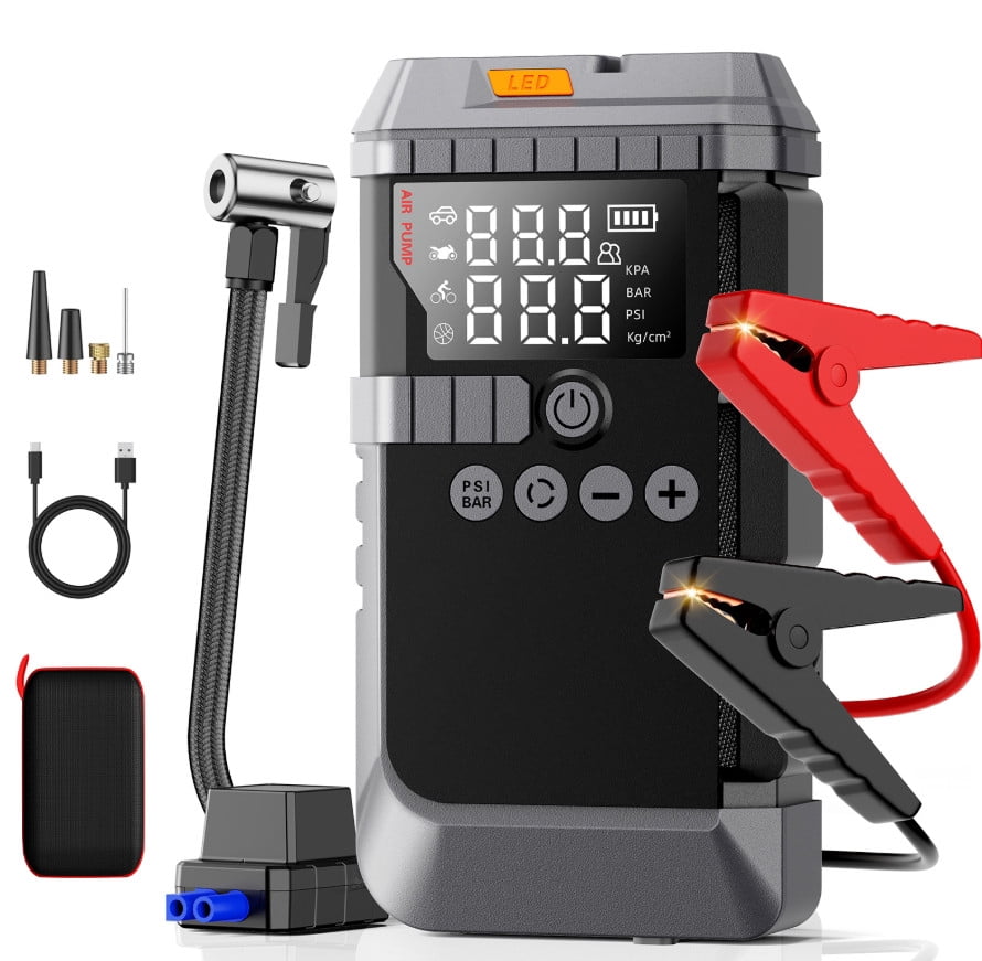 Jump Starter with Air Compressor, 4000A Battery Jump Box for 8.0L Gas or Up to 4.0L Diesel, 150PSl Digital Tire Inflator with Emergency Light