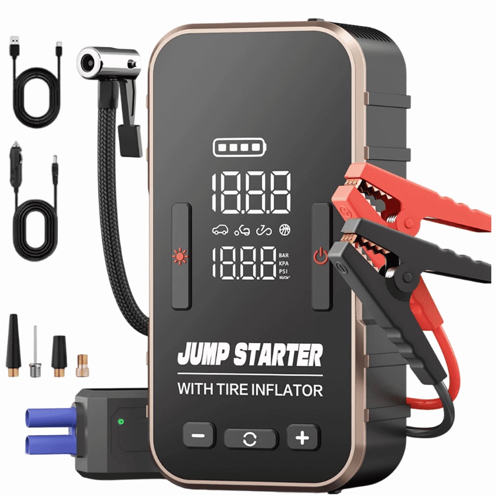 Jump Starter with Air Compressor, 8000mAh Battery Jump Starter (for All Gas or Up to 10L Diesel), 150PSI Digital Tire Inflator with Emergency Light
