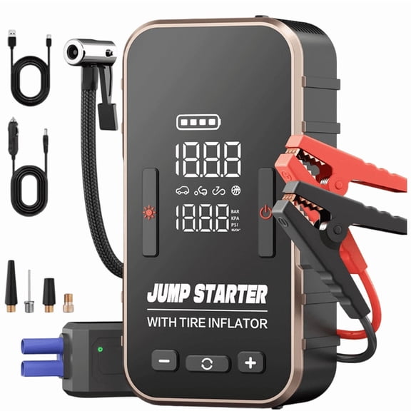 Jump Starter with Air Compressor, 8000mAh Battery Jump Starter (for All Gas or Up to 10L Diesel), 150PSI Digital Tire Inflator with Emergency Light