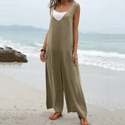 BSYOUFIER Jump Suit for Women Casual Clearance Deals Women Summer Wide Leg Jumpsuit Sleeveless V Neck Casual Loose Jumpsuit Comfy Baggy Tank Romper With Pockets , Womens Rompers Dressy , Women's Jumpsuit Khaki