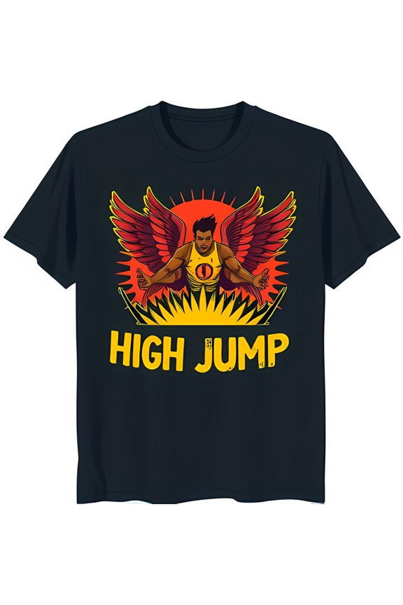 Jump Winged Man Graphic Black T-Shirt Bold Yellow Text Design