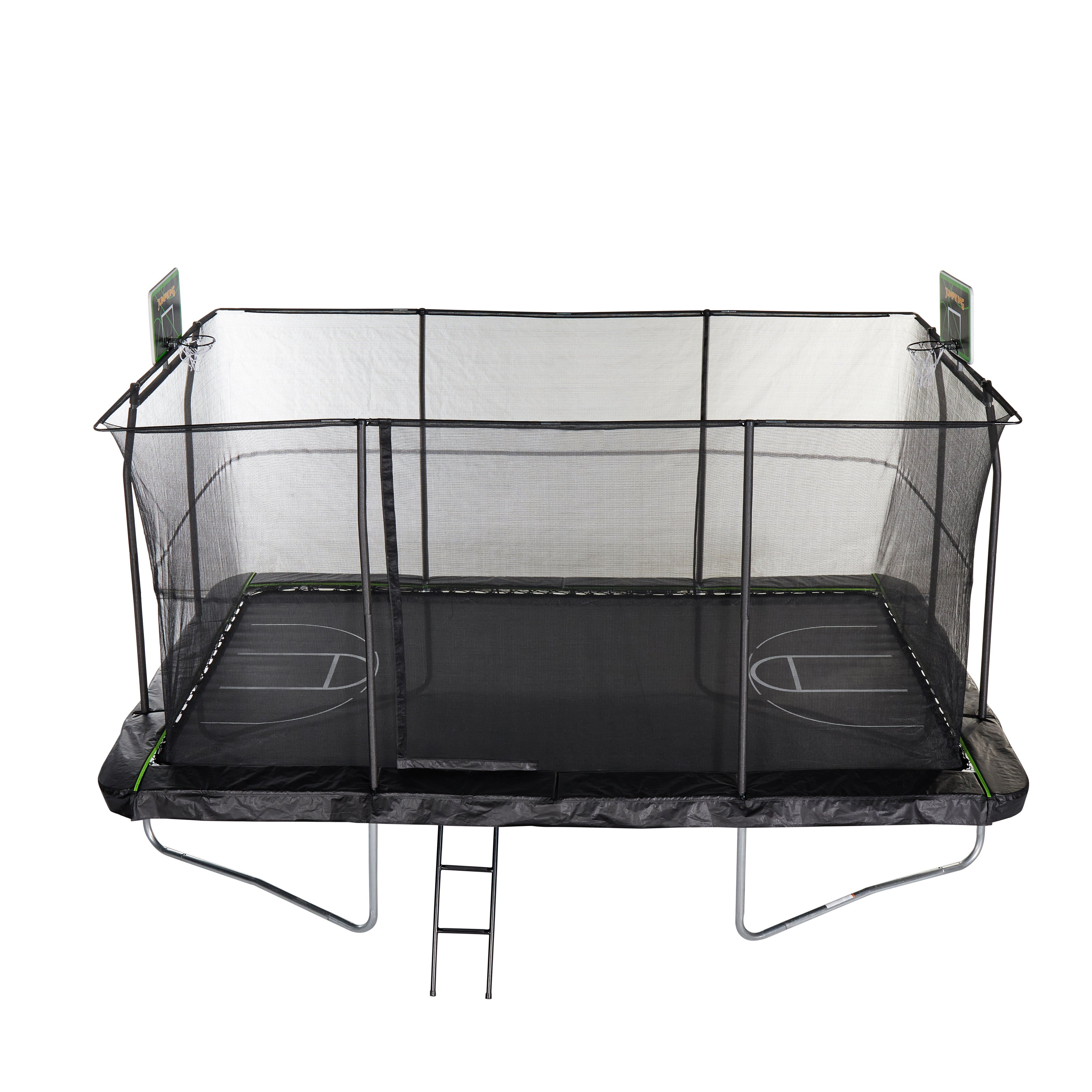 JumpKing 10'x15' Rectangle Trampoline with 2 Powder Coated Basketball Hoops & Breakaway Rim and Ladder- Large Recreational Trampoline for Kids and Adults with Enclosure Net