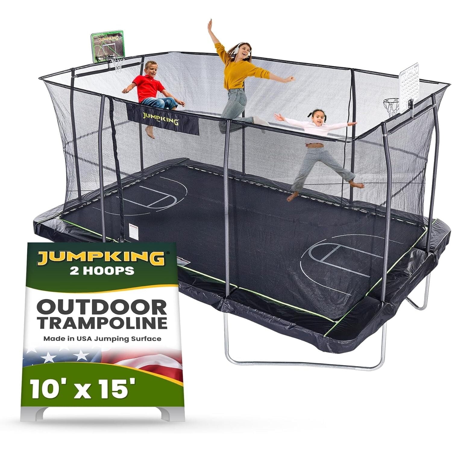 Black Rectangular Steel Trampoline with Enclosure and Basketball Hoop
