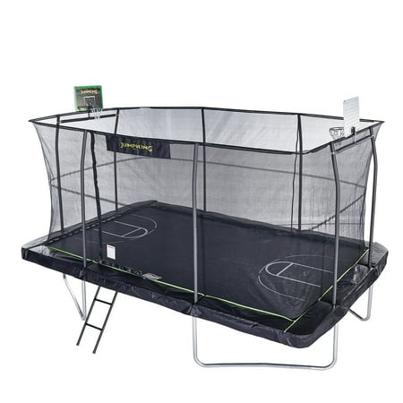 JumpKing 10'x15' Rectangle Trampoline with 2 Powder Coated Basketball Hoops & Breakaway Rim and Ladder- Large Recreational Trampoline for Kids and Adults with Enclosure Net