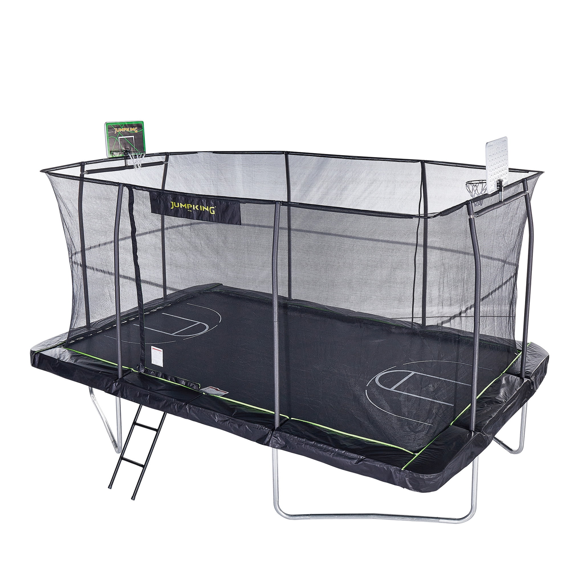 Black Rectangular Steel Trampoline with Enclosure and Basketball Hoop