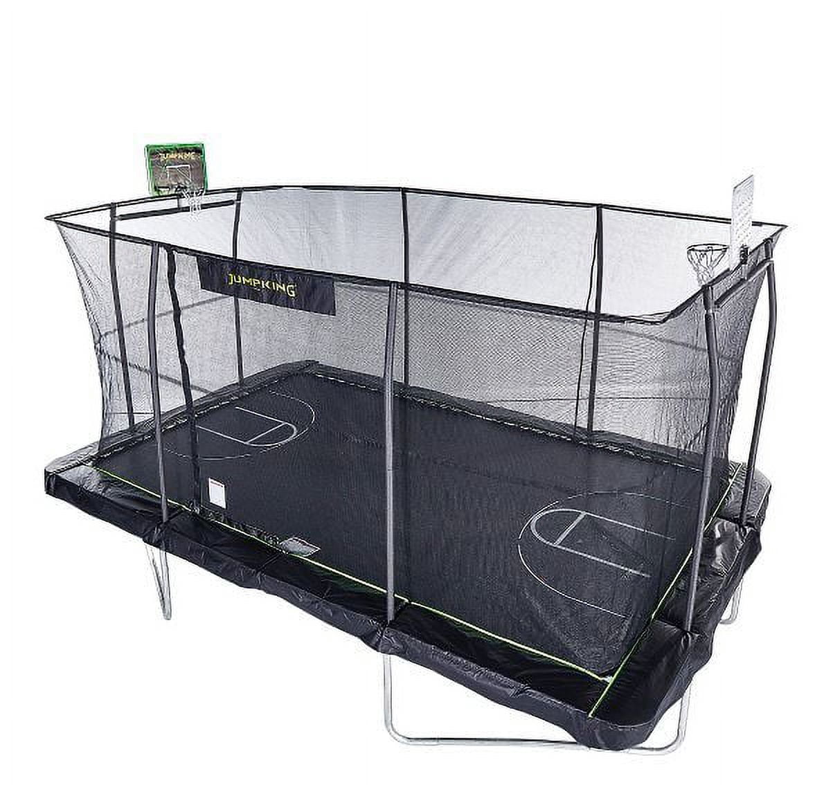 JumpKing 10'x15' Rectangle Trampoline w/ 2 Powder Coated Basketball Hoops & Breakaway Rim - Outdoor/Indoor Recreational Trampoline w/ Enclosure Net - Holiday Gift for Kids, Adults, and Family Fun