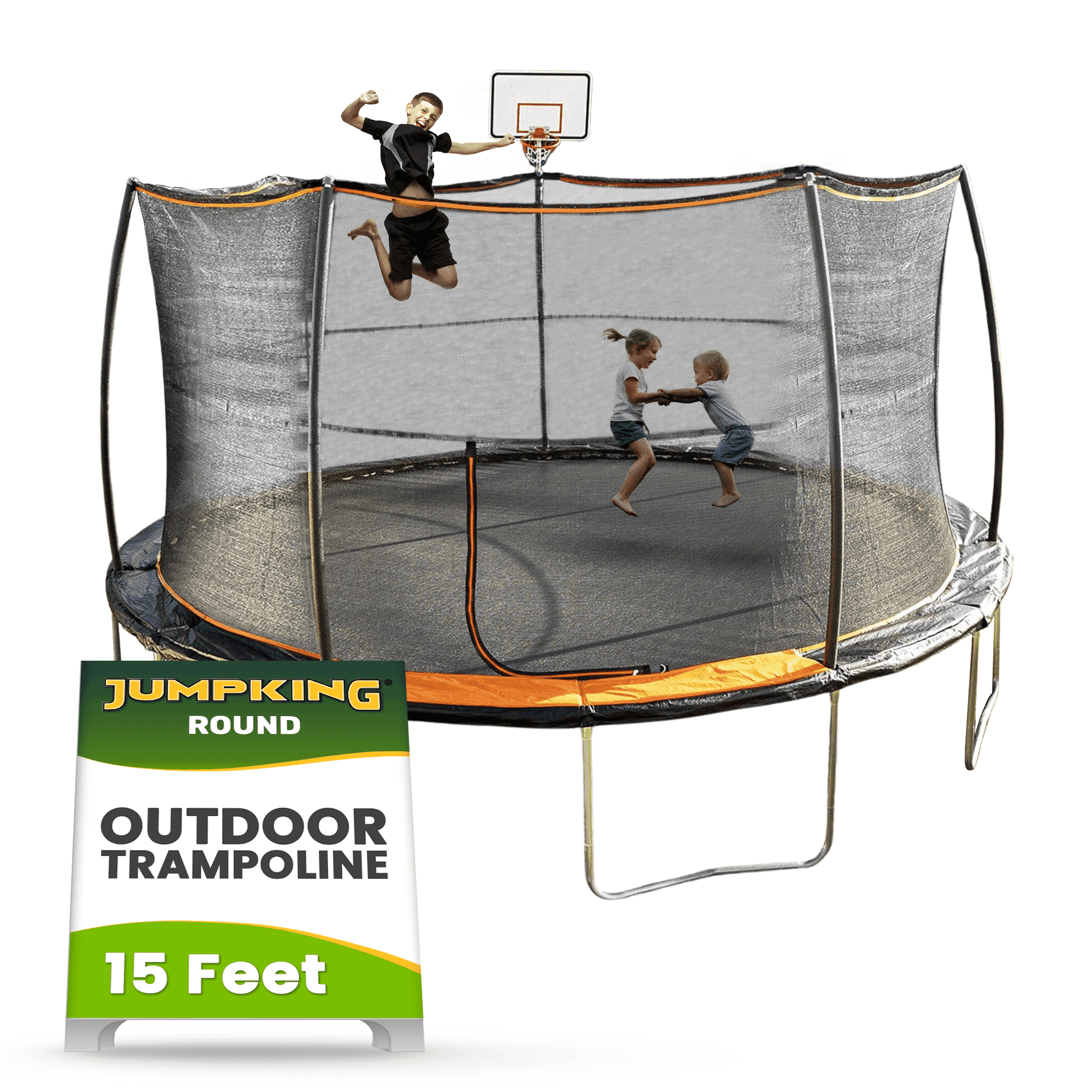 15' Black Round Trampoline with Enclosure and Basketball Hoop