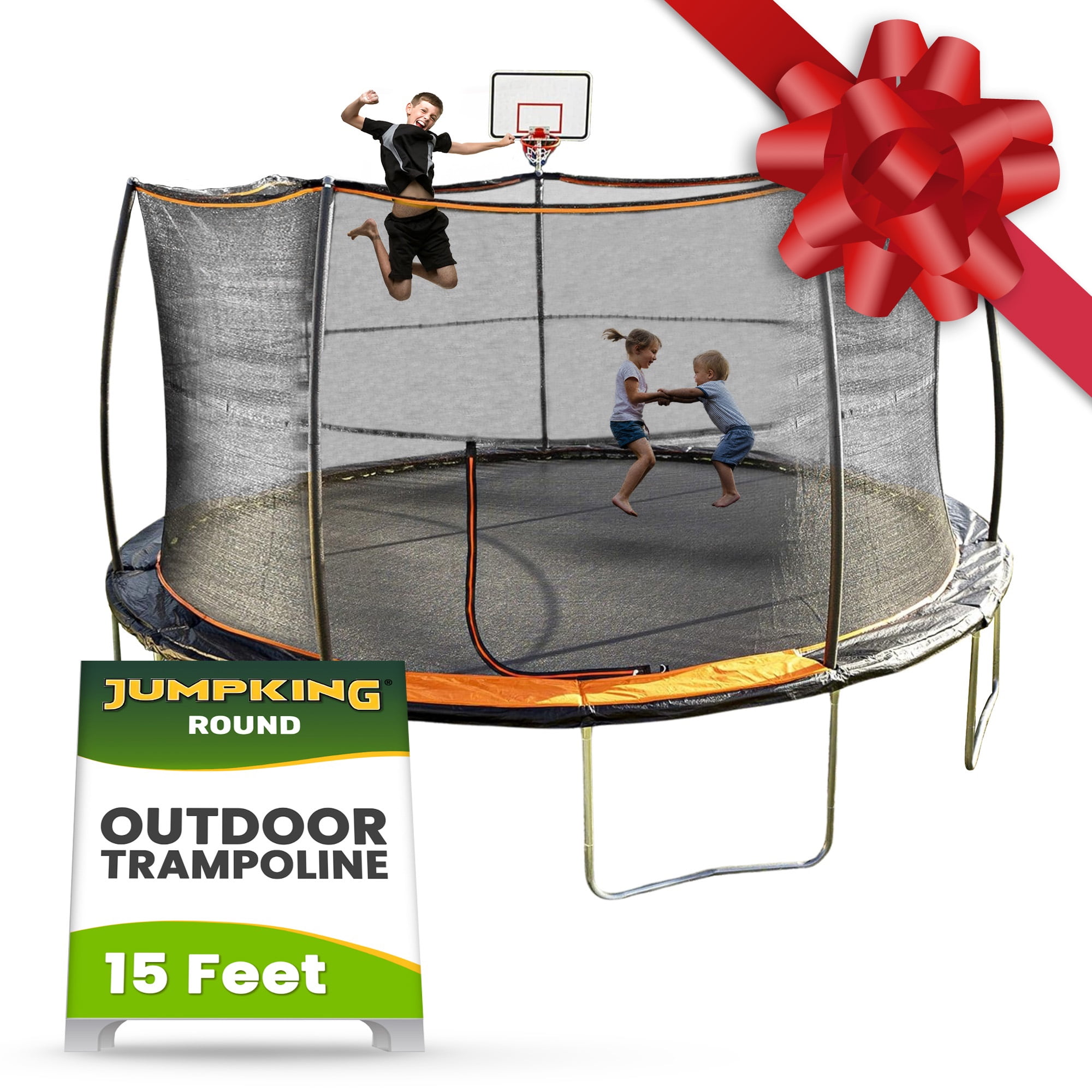15' Black Round Trampoline with Enclosure and Basketball Hoop
