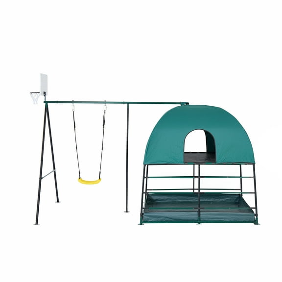 JumpKing Kids Climbing Den & Outdoor Playset Two-Level Play Structure with Swing, Basketball Hoop, Firemans Pole & Ball Pit Area | Outdoor Active Play Gym for Ages 6+