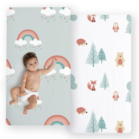 JumpOff Jo - 2 Pack Fitted Cotton Crib Sheet for Baby, Crib Mattress, 28 in. x 52 in. - Woodland Rainbow