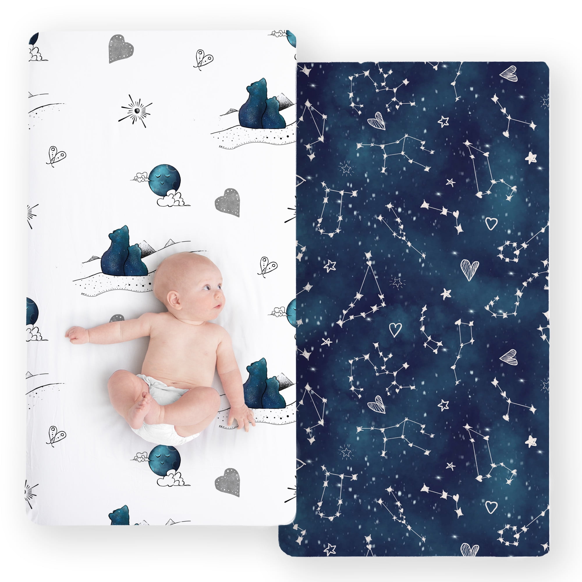 JumpOff Jo 2 Pack Fitted Crib Sheets, 100 Cotton, Standard Crib 28 in. x 52 in. Galaxy and