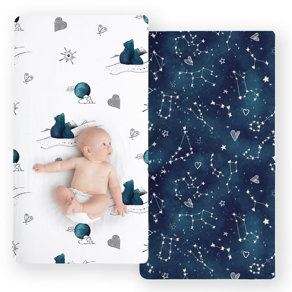 JumpOff Jo - 2 Pack Fitted Crib Sheets, 100% Cotton, Standard Crib 28 in. x 52 in. - Galaxy and Mama Bear