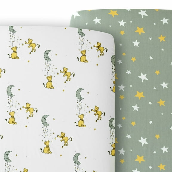 JumpOff Jo - 2 Pack Fitted Crib Sheets, Super Soft 100% Cotton Sheets for Standard Crib Mattresses and Toddler Beds, 28 in. x 52 in. - Lions and Stars