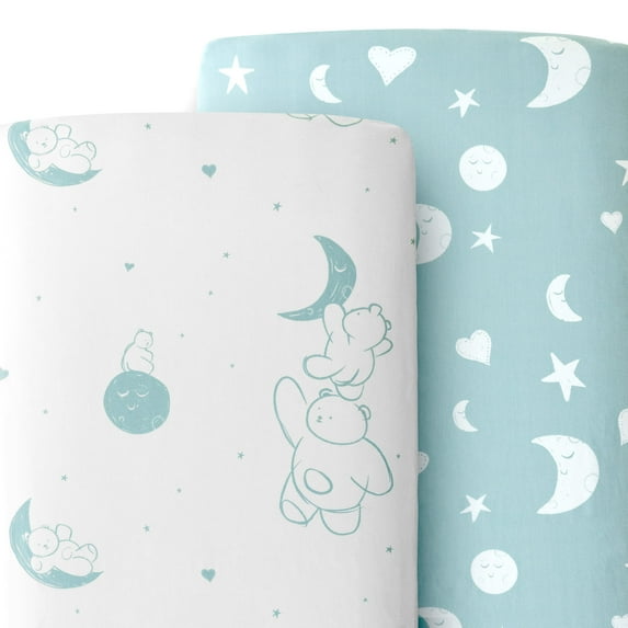 JumpOff Jo - 2 Pack Fitted Crib Sheets, Super Soft 100% Cotton Sheets for Standard Crib Mattresses and Toddler Beds, 28 in. x 52 in. - Bears and Moon
