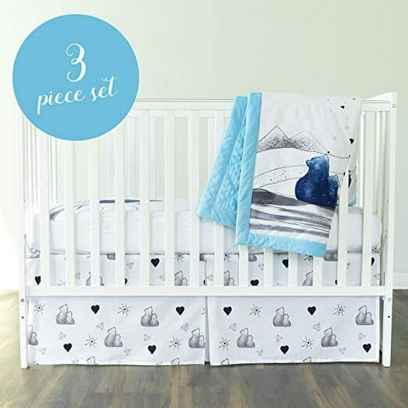JumpOff Jo - Crib Bedding Set (3 Pcs), Hypoallergenic, Breathable, Microfiber Kids Bedding, Includes 1 Fitted Crib Sheet, 1 Crib Skirt, & 1 Quilt - Mama Bear Blue