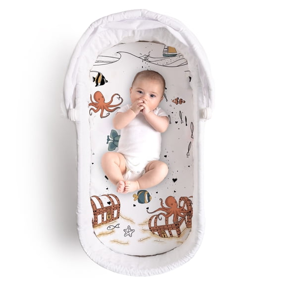 JumpOff Jo - Fitted Bassinet Sheet , Cotton, 16" x 32" for Oval, Rectangle, and Hourglass Mattresses - Octopus Treasure