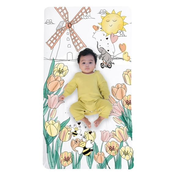 JumpOff Jo - Fitted Crib Sheet, Fits Standard Crib Mattress, Super Soft 100% Cotton, 28 in. x 52 in. - Tulip Fields