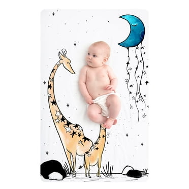 JumpOff Jo - Fitted Mini Crib Sheet for Portable Crib, Playard, and Playpen Mattresses and Mats, Super Soft 100% Cotton, 24 in. x 38 in. - Giraffe & A Calf
