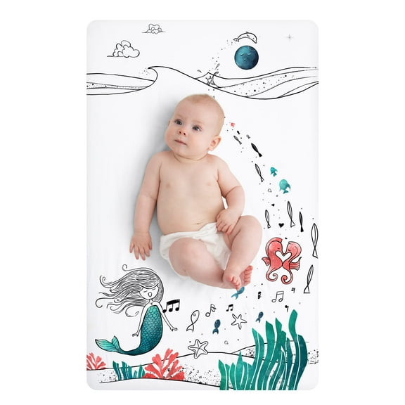 JumpOff Jo - Fitted Mini Crib Sheet for Portable Crib, Playard, and Playpen Mattresses and Mats, Super Soft 100% Cotton, 24 in. x 38 in. - Moonlight Mermaid