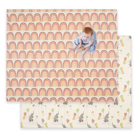 JumpOff Jo Large Foldable Kids Foam Play Mat, Padded Baby Floor Mat, 70 x 59 in - Elephant Rainbow