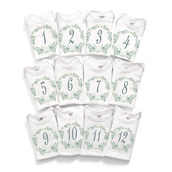 JumpOff Jo - Milestone Onesies - 12 Pack White Bodysuit Baby Shower Set - Seize The Moments: Botanical
