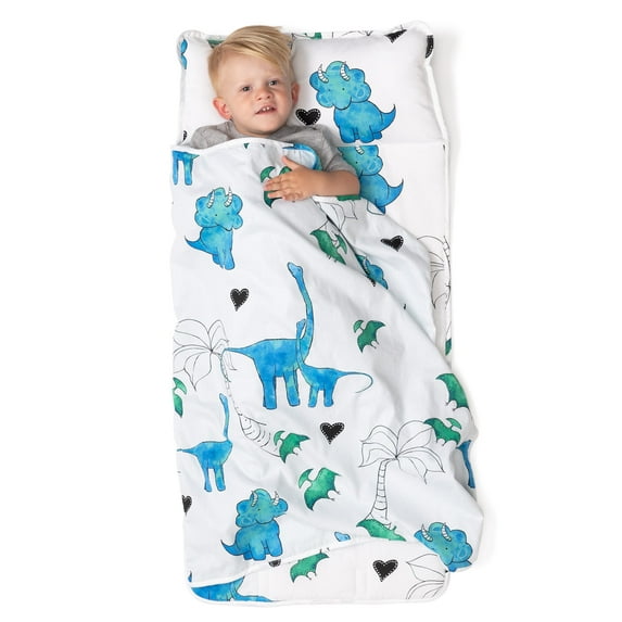 JumpOff Jo Standard Toddler Nap Mat Sleeping Bag for Preschool, 43 x 21 in - Blue Dino