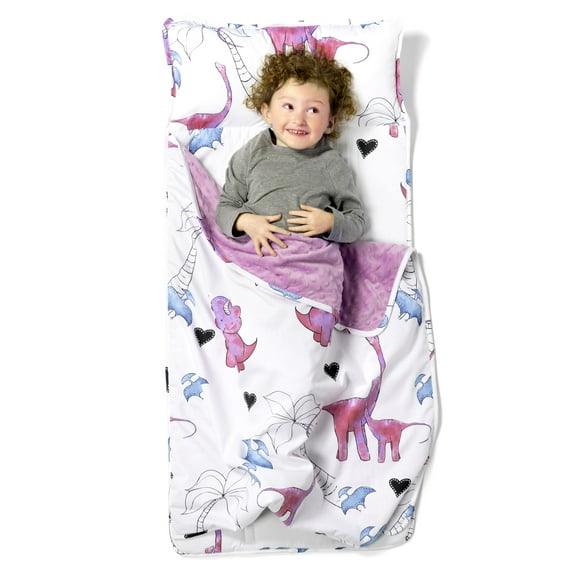 JumpOff Jo Standard Toddler Nap Mat Sleeping Bag for Preschool, 43 x 21 in - Pink Dino