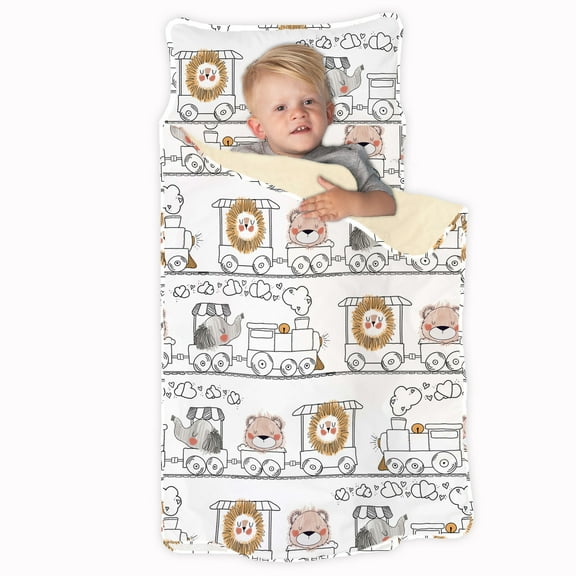 JumpOff Jo Standard Toddler Nap Mat Sleeping Bag for Preschool, 43 x 21 in - Zoo Train