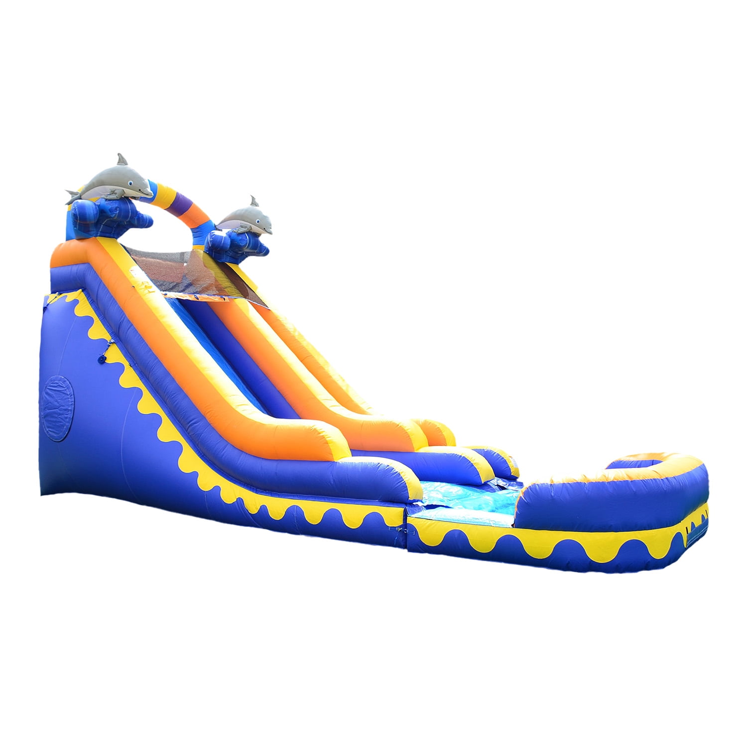 JumpOrange 18’ Dolphin Splash Commercial Grade Water Slide with Attached Deep Pool for Kids and Adults (with Blower), Outdoor Inflatable, Summer, Wet Dry Slide, Rental Quality