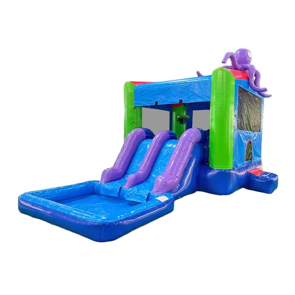 JumpOrange Octopus Bounce House Dual Lane Water Slide with Attached Pool Combo