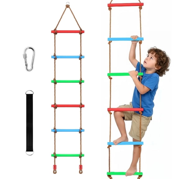 JumpTrzz 7.2ft Kids Rope Ladder Swing, Climbing Ladder for Swing Set with Colorful Rungs,for Tree House and Backyard Playgrounds