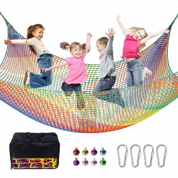 JumpTrzz Climbing Net for Kids - 9.9FT x 6.6FT Double Layer Heavy Duty Playground Climbing Cargo Net, Safety Mesh for Tree House & Back Yard (Rainbow)