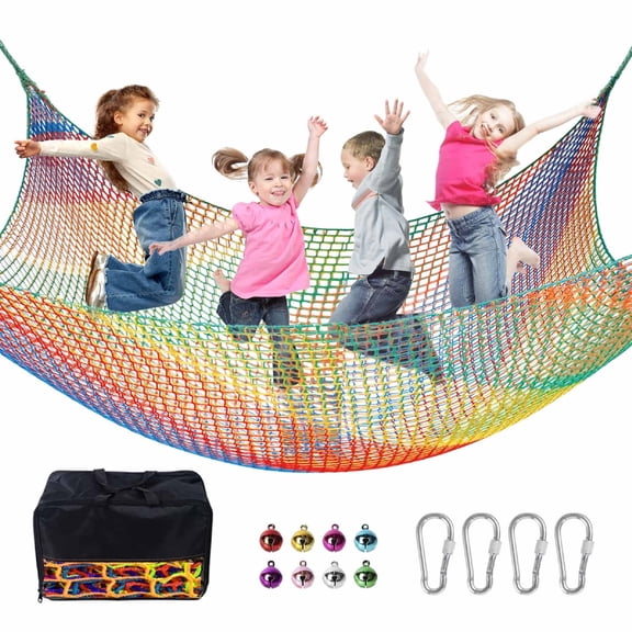 JumpTrzz Climbing Net for Kids - 9.9FT x 9.9FT Double Layer Heavy Duty Playground Climbing Cargo Net, Safety Mesh for Tree House & Back Yard (Rainbow)