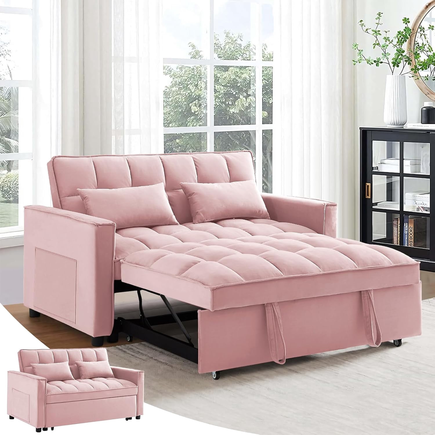 Jumpeak 3 in 1 Convertible Sleeper Sofa Bed, Modern Velvet Loveseat ...