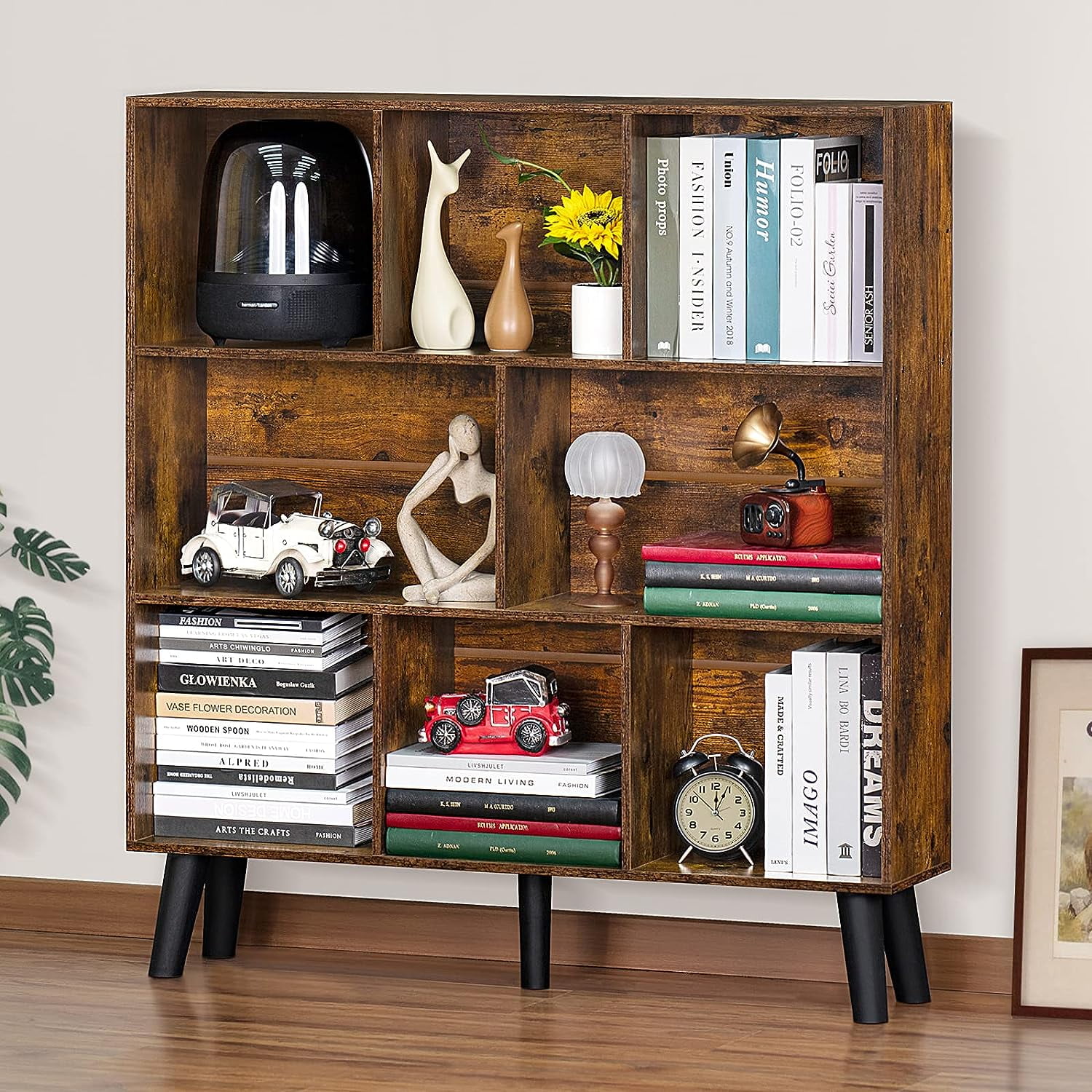 Jumpeak 8 Cube Bookshelf,3 Tier Bookcase with Legs,Rustic Brown Mid ...