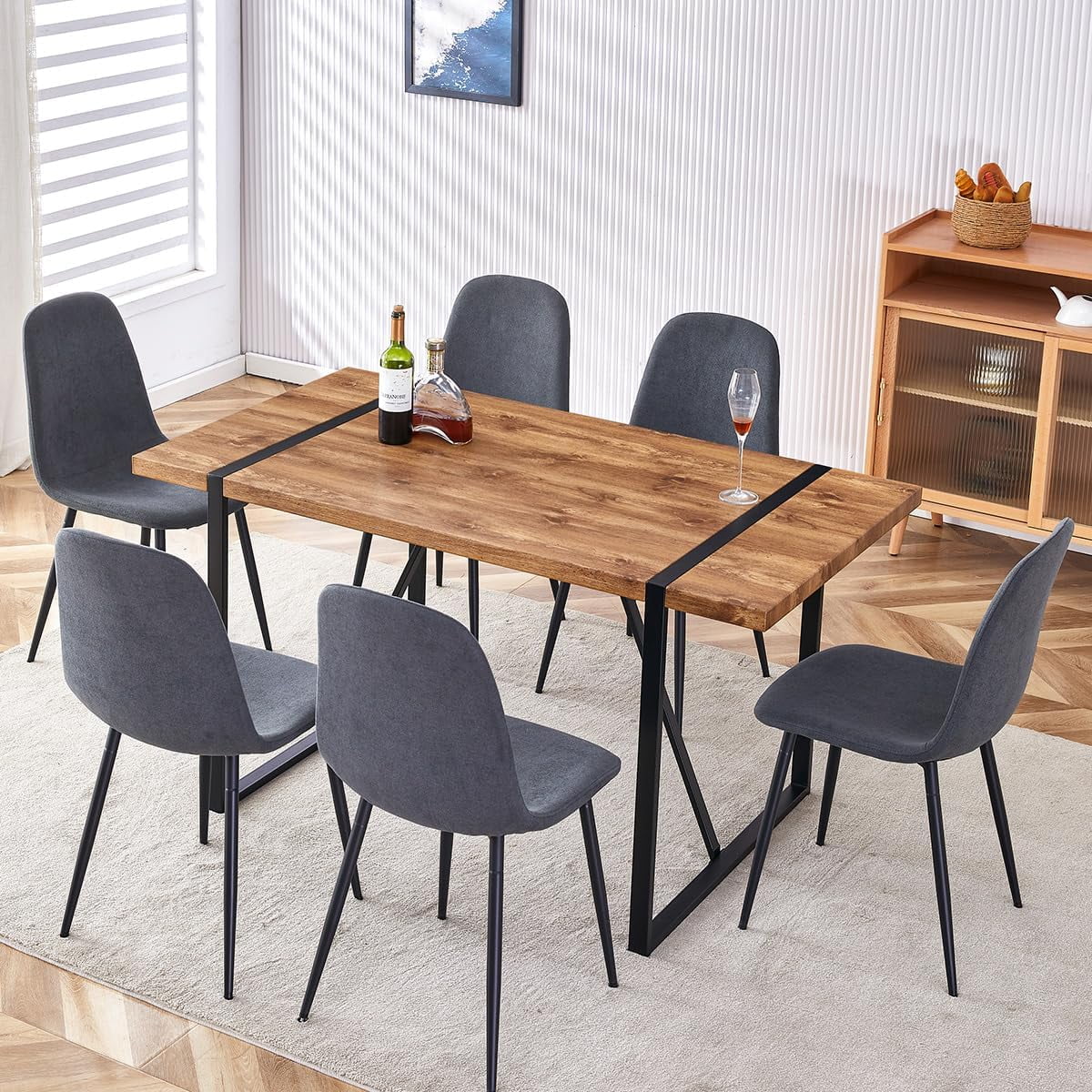 Jumpeak Dining Table Set for 6, Modern 55'' Dark Wood Dining Table and Fabric Dining Chairs Set ...