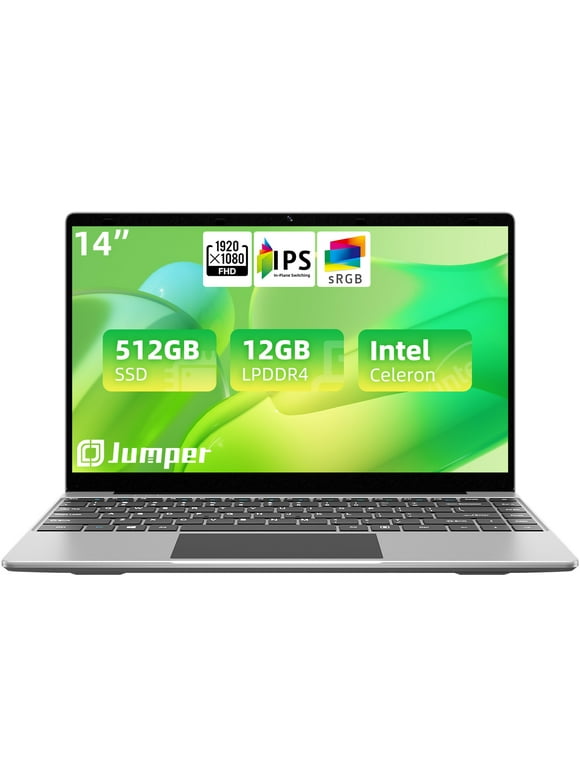 Jumper 14 Inch Laptop, 12GB DDR4 RAM 512GB SSD, Quad-Core Intel Celeron CPU, 14" FHD IPS 1080P Display Screen, Windows 11 Laptops Computer with 35.52Wh Battery, Dual Speakers, Dual-Band 2.4G/5G WiFi,