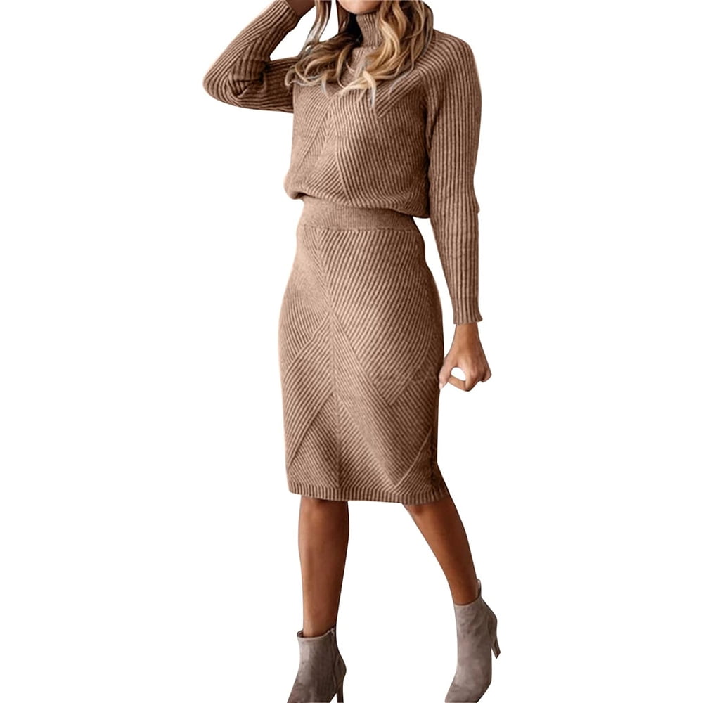 Jumper Dress Ladies Knitted Dress Two Piece Suit - Knit Sweater Top And Midi  Knit Skirt Bodycon 2 Piece Set Midi Dress Turtleneck Pencil Dress Stretch  Chunky Knit Set Sweater Dress3XL -