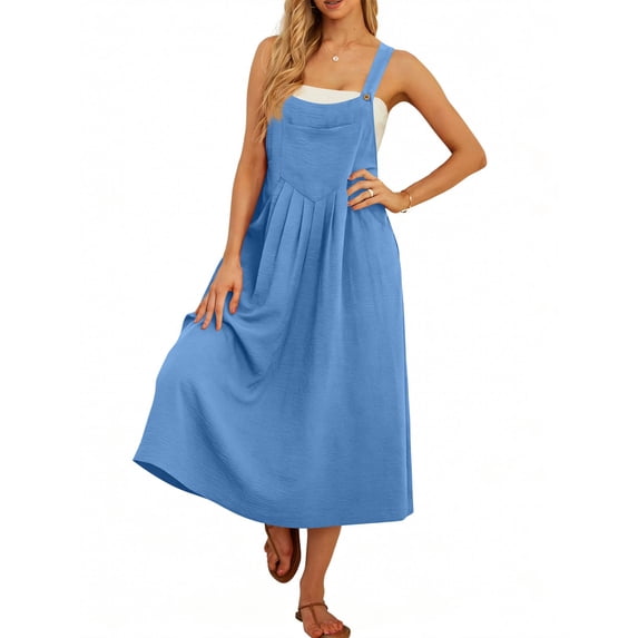 Jumper Dress Overalls for Women Loose Version Baggy Style Length Adjustable Straps Wide Hemline Blue L